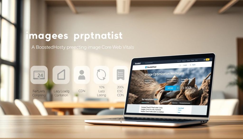 A professional, realistic-looking image showcasing image optimization techniques and their impact on Core Web Vitals. In the foreground, a laptop screen displays a BoostedHost website with high Lighthouse scores, highlighting the optimization features. The middle ground features various image optimization icons, such as compression, lazy loading, and CDN. The background depicts a serene, sunlit office setting, conveying a sense of productivity and efficiency. The lighting is natural, with soft shadows and highlights accentuating the details. The overall mood is one of technological prowess and a streamlined, high-performing website.