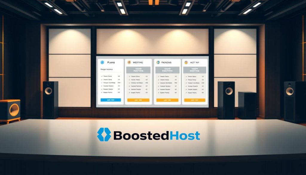 A professional studio interior with a large, high-resolution display showcasing hosting plans. In the foreground, a sleek, modern desk with a BoostedHost logo prominently displayed. The middle ground features neatly organized plans and pricing details on the screen, presented in a clean, minimalist layout. The background has a sophisticated, warm lighting setup, creating a sense of professionalism and authority. The overall scene conveys a polished, authoritative, and trustworthy representation of hosting plans.