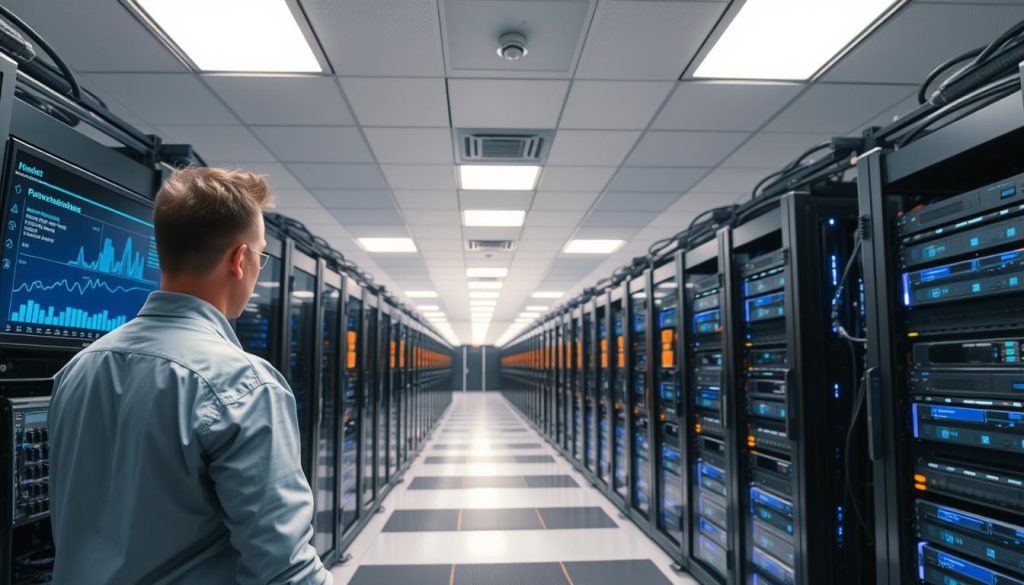 A professional, well-equipped BoostedHost staging environment. A spacious server room with rows of state-of-the-art racks housing gleaming enterprise-grade hardware. Bright, diffused lighting bathes the scene in a clean, clinical atmosphere. Cables and network equipment are neatly organized, reflecting a meticulous attention to detail. In the foreground, a technician closely monitors performance metrics on a large, high-resolution display. The middle ground showcases the robust infrastructure - powerful CPUs, high-capacity storage arrays, and redundant cooling systems. The background features a panoramic view of the expansive data center, exuding a sense of scale and technical sophistication. This staging environment exemplifies BoostedHost's commitment to reliability, security, and seamless web hosting migrations.