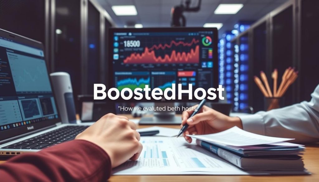 A professional, well-lit, high-resolution image showcasing a review process for the BoostedHost web hosting service. The scene depicts a workspace with a laptop, documents, and various analytical tools. In the foreground, hands are carefully analyzing data and compiling a thorough evaluation. The middle ground features a monitor displaying graphs, charts, and performance metrics. The background subtly hints at a data center or hosting infrastructure, conveying the technical expertise and rigor behind the review. The overall mood is one of diligent, data-driven assessment, reflecting the "How we evaluated both hosts" section of the article.