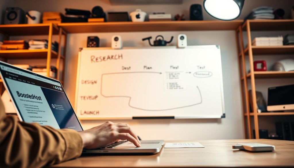 A professional, well-lit photographic studio scene depicting the step-by-step process of creating a website using the BoostedHost AI builder. In the foreground, a person's hands type on a laptop, the screen displaying the BoostedHost interface. Behind them, a whiteboard shows a flowchart with labeled steps: research, plan, design, develop, test, launch. In the background, shelves hold various web development tools and resources. The lighting is warm and directional, creating depth and highlighting the key elements. The overall atmosphere conveys a sense of productivity, expertise, and efficiency in the website creation workflow.