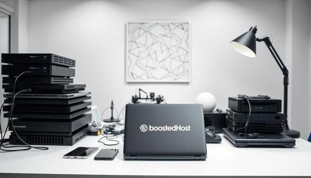 A professional, well-lit product photography setup in a modern office environment. In the foreground, a stack of laptops and mobile devices, including a BoostedHost branded laptop, arranged neatly on a clean white desk. The middle ground features various networking equipment, cables, and a desk lamp providing soft, directional lighting. The background showcases a minimalist wall decor, possibly featuring a geometric pattern or subtle textures, creating a clean, distraction-free composition. The overall mood is one of efficiency, professionalism, and attention to detail, reflecting the thorough testing and review process.