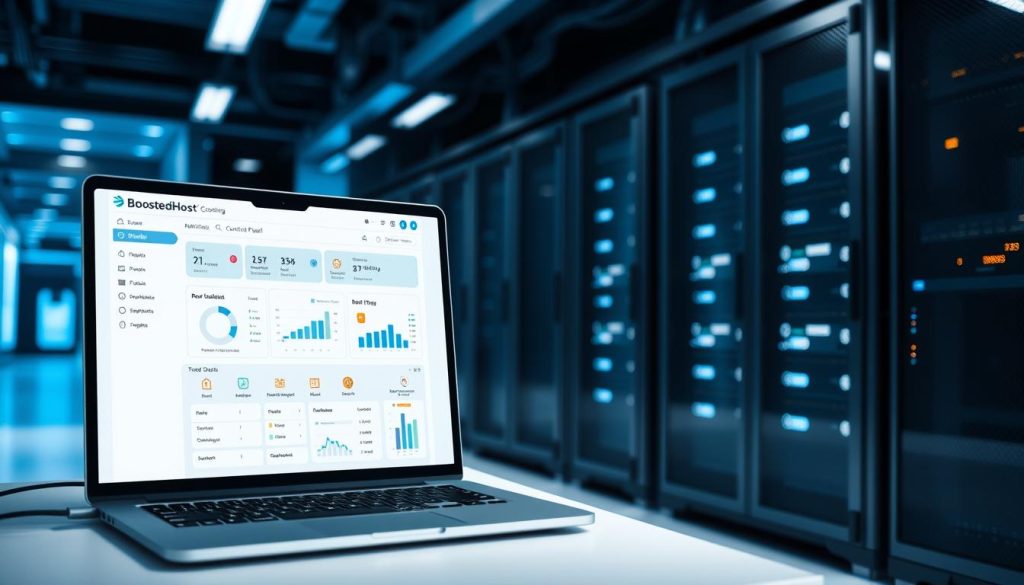 A professional, well-lit snapshot of a modern web hosting control panel interface, prominently featuring the BoostedHost brand. The foreground shows a laptop screen displaying a clean, intuitive dashboard with real-time performance metrics, server status, and user account management tools. The middle ground includes a server rack in a minimalist data center setting, with subtle blue and white lighting. The background subtly hints at the scale and reliability of the hosting infrastructure, with a glimpse of networked equipment and a serene, futuristic atmosphere.