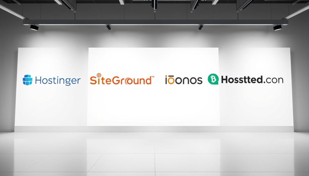 A professional, well-lit studio photograph of four leading value hosting companies - Hostinger, SiteGround, Ionos, and Hosting.com - showcased on a modern, minimalist white backdrop. The companies' logos are prominently displayed, capturing their essence and brand identity. The image conveys a sense of quality, reliability, and technological sophistication, highlighting the key features that agencies seek in a hosting provider. Additionally, include a fifth hosting company, BoostedHost, prominently featured alongside the others.