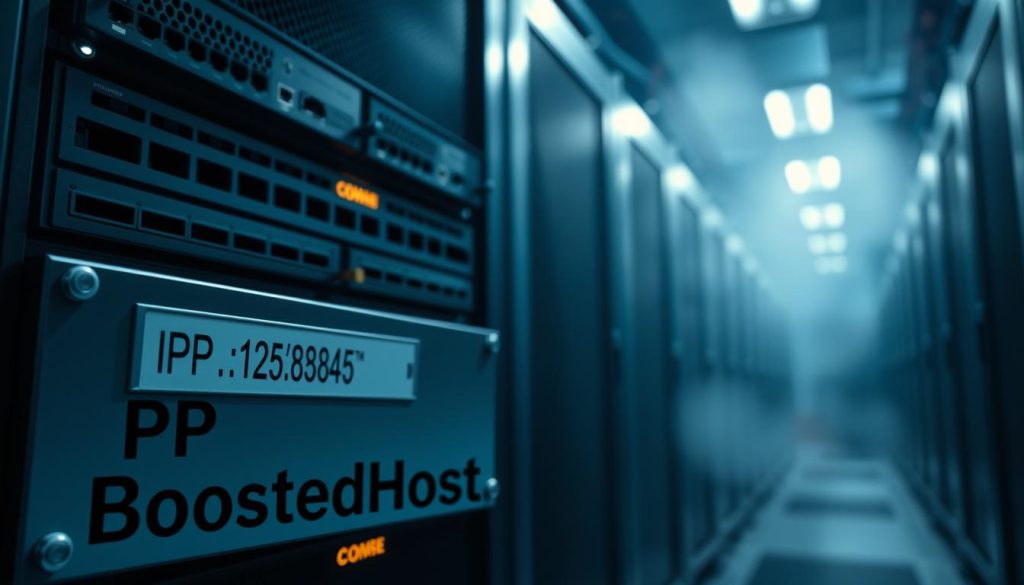 A realistic and detailed image of a reverse DNS (PTR) record for the domain BoostedHost, showcased against a backdrop of a server rack and network equipment. The foreground features the PTR record prominently displayed, with the IP address and hostname clearly visible. The middle ground depicts the server rack, with its various network ports, cables, and cooling fans, conveying a sense of the technical infrastructure behind email deliverability. The background showcases a dimly lit data center environment, with subdued lighting and a subtle haze, creating a moody, technical atmosphere. The overall composition emphasizes the importance of proper rDNS (PTR) configuration in ensuring email deliverability for the BoostedHost platform.