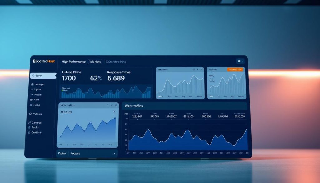A realistic and detailed snapshot of a modern, high-performance web hosting dashboard. In the foreground, a sleek BoostedHost interface showcases key metrics like uptime, response times, and server utilization. The middle ground features clear visualizations of web traffic patterns and resource consumption. In the background, a minimalist design with a subtle grid layout and soft, ambient lighting creates a professional, authoritative atmosphere. The overall impression conveys a powerful, reliable web hosting solution that delivers exceptional speed, uptime, and value. A realistic and detailed snapshot of a modern, high-performance web hosting dashboard. In the foreground, a sleek BoostedHost interface showcases key metrics like uptime, response times, and server utilization. The middle ground features clear visualizations of web traffic patterns and resource consumption. In the background, a minimalist design with a subtle grid layout and soft, ambient lighting creates a professional, authoritative atmosphere. The overall impression conveys a powerful, reliable web hosting solution that delivers exceptional speed, uptime, and value.