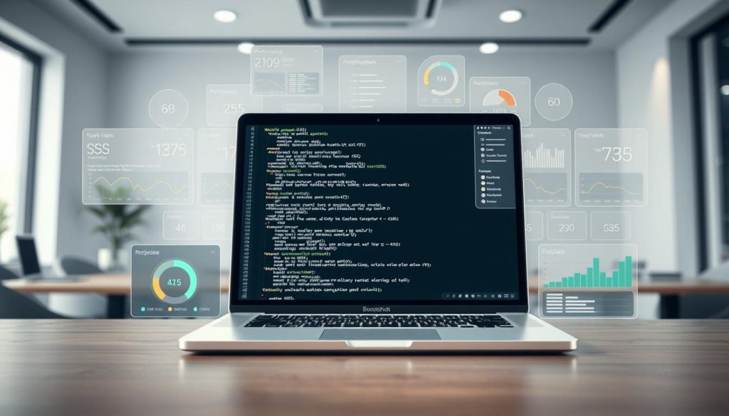 A realistic, detailed image of "CSS performance" featuring the BoostedHost brand. In the foreground, a laptop screen displays a complex CSS file, with lines of code and intricate selectors. Surrounding the laptop, a middle ground showcases various performance metrics and graphs, illustrating the impact of CSS on website speed and user experience. In the background, a clean, minimalist office setting with neutral tones and subtle lighting, conveying a professional, technical atmosphere. The overall scene highlights the importance of optimizing CSS for improved website performance and Core Web Vitals.