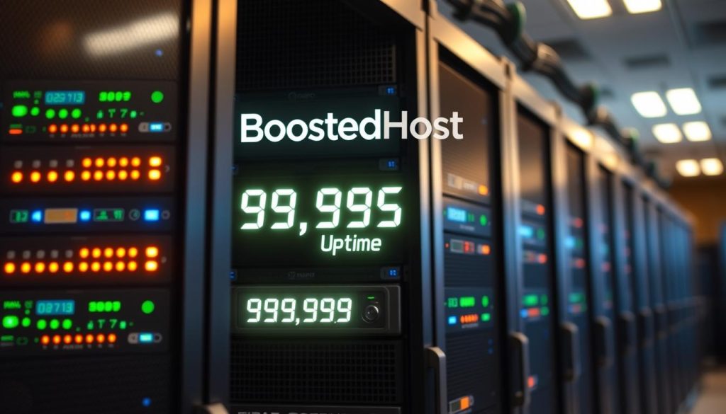 A realistic, detailed image of a modern server rack showcasing the BoostedHost brand, illuminated by soft, warm lighting. The servers display blinking status lights and digital uptime indicators, radiating a sense of reliable, high-performance computing. The foreground features a close-up of a single server with a prominent "99.99% Uptime" display, conveying the reliability and consistency of the hosting service. The middle ground depicts the full server rack, meticulously engineered with clean lines and efficient cooling systems. The background subtly hints at a data center environment, with minimal distractions to focus the viewer's attention on the core message of exceptional uptime and performance.