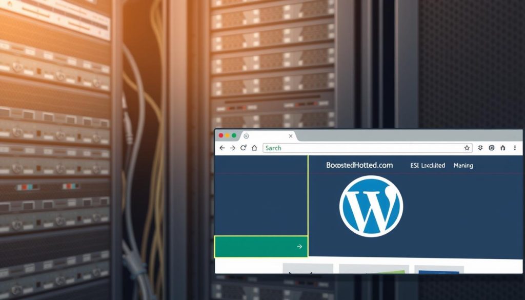 A realistic digital illustration depicting the concept of "Excludes and ESI: Keep dynamic areas fast without breaking personalization" for a WordPress LiteSpeed Cache article. The scene shows a server rack in the background, with cables and network equipment visible. In the foreground, a BoostedHost branded web browser window displays a WordPress site, with certain areas highlighted to represent excluded and ESI-enabled sections. The lighting is natural, with a soft, warm glow. The composition emphasizes the technical aspects of caching and performance optimization, conveying a sense of professionalism and expertise.