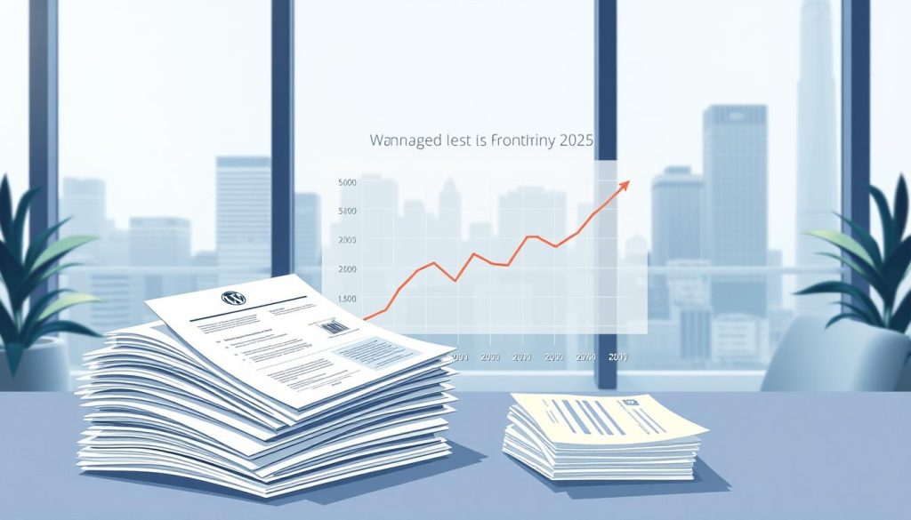 A realistic digital illustration depicting the real costs of managed vs unmanaged WordPress hosting in 2025. In the foreground, a stack of invoices, receipts, and financial documents showcasing the various costs associated with running a WordPress website, including hosting fees, security measures, plugin subscriptions, and maintenance. In the middle ground, a stylized graph comparing the monthly/annual costs of a BoostedHost managed WordPress plan versus an unmanaged self-hosted solution. The background features a modern office setting, with a large window overlooking a cityscape, conveying a professional, corporate atmosphere. The overall scene should communicate the complexities of managing the total cost of ownership for a WordPress website in a clean, minimalist, and data-driven style.