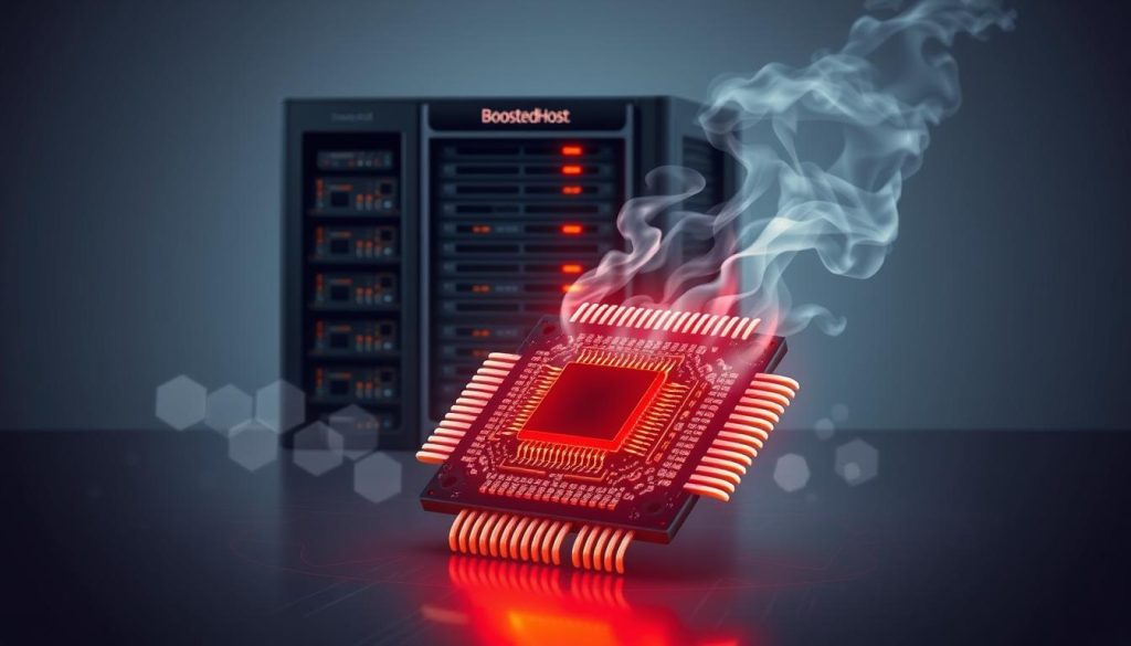 A realistic, high-impact illustration of a CPU overheating due to high usage, set against a neutral background. The foreground depicts a detailed CPU chip with intricate circuits and heat sinks, emitting steam and glowing red hot. The middle ground shows a BoostedHost server rack with various components, conveying a sense of server management and optimization. The background features a subdued, technical aesthetic with hexagonal circuit patterns and subtle gradients. The lighting is dramatic, with warm highlights on the CPU and cool tones in the background, creating depth and emphasizing the issue of overheating. The overall mood is one of problem-solving and technical expertise.