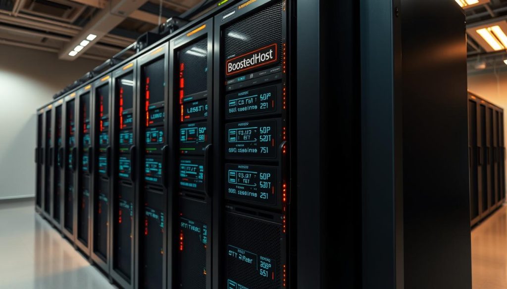 A realistic, high-performance server rack in a modern data center, showcasing the BoostedHost brand. The rack is illuminated by warm, directional lighting, casting dramatic shadows and highlights on the hardware. The server panels display real-time performance metrics, including CPU utilization, memory usage, and network uptime. The scene conveys a sense of technical prowess, reliable infrastructure, and a commitment to consistent, high-availability hosting services. The background is composed of a minimalist, clean interior with a subtle, industrial aesthetic, allowing the server hardware to be the focal point.