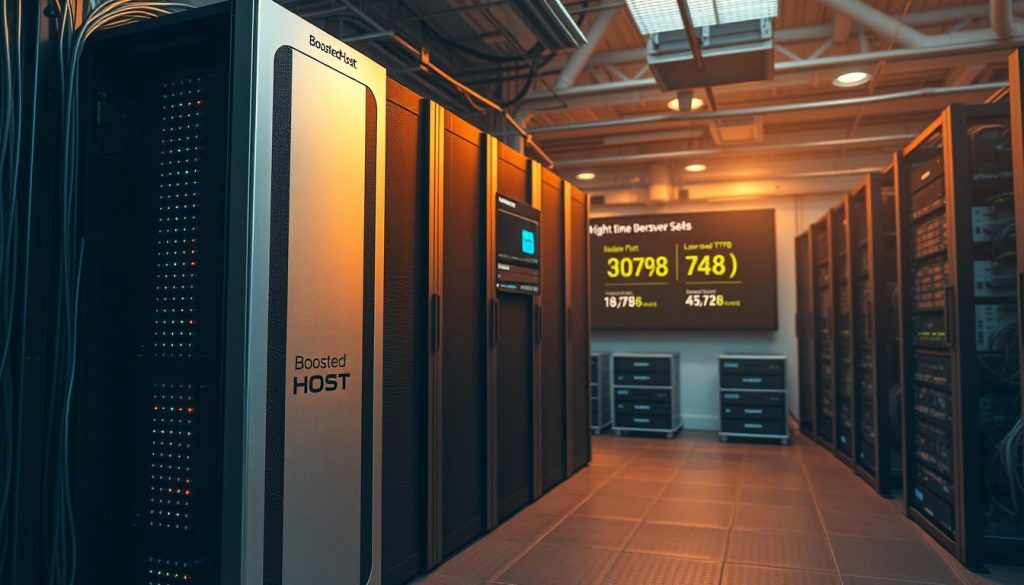 A realistic, high-performance server room with state-of-the-art computer hardware and advanced cooling systems. In the foreground, a sleek, silver-colored BoostedHost server rack stands prominently, its LED indicators pulsing with activity. Warm, directional lighting casts dramatic shadows, highlighting the intricate wiring and airflow ducts. The middle ground features a wall-mounted display showcasing real-time performance metrics, including blazing-fast speeds, low TTFB, and efficient caching. In the background, a complex array of networking equipment and data storage solutions creates a visually compelling, technologically advanced environment.