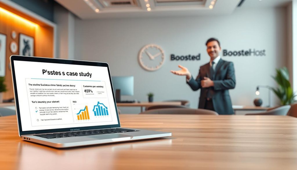 A realistic, high-quality 3D render of a case study example featuring the BoostedHost brand. In the foreground, a well-lit, professional-looking laptop displays a detailed customer success story, with charts and graphs showcasing the impressive ROI achieved. In the middle ground, a confident, well-dressed business person gestures towards the laptop, emphasizing the case study's key takeaways. The background features a modern, minimalist office setting with clean lines, warm lighting, and strategically placed brand logos and accents, creating an atmosphere of authority and trustworthiness. The entire scene conveys a sense of professionalism, credibility, and the tangible business benefits demonstrated by the BoostedHost case study.