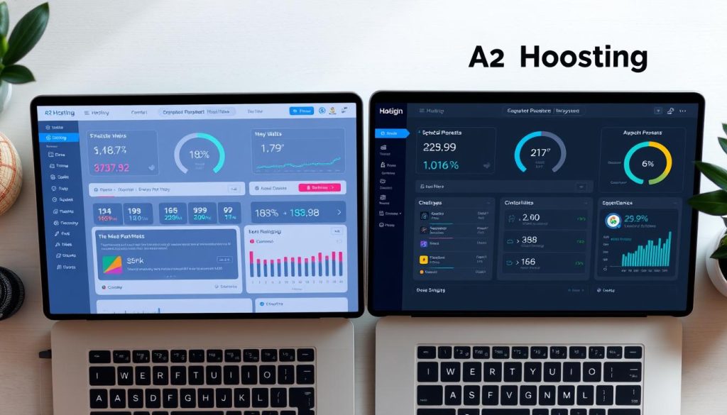 A realistic, high-quality comparative snapshot of web hosting services "BoostedHost" and "A2 Hosting" in 2025. The image shows clean, minimalist UI interfaces of their web dashboards side-by-side, with various technical metrics and performance indicators displayed, showcasing their key differences in speed, reliability, and value. The scene is captured from an overhead angle, with soft, natural lighting and a neutral, professional color palette. The overall mood is informative and data-driven, reflecting the analytical nature of the comparison. A realistic, high-quality comparative snapshot of web hosting services "BoostedHost" and "A2 Hosting" in 2025. The image shows clean, minimalist UI interfaces of their web dashboards side-by-side, with various technical metrics and performance indicators displayed, showcasing their key differences in speed, reliability, and value. The scene is captured from an overhead angle, with soft, natural lighting and a neutral, professional color palette. The overall mood is informative and data-driven, reflecting the analytical nature of the comparison.