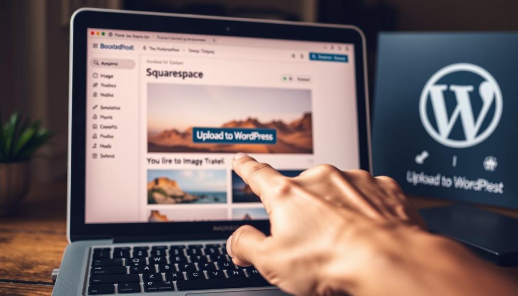 A realistic, high-quality image of an automatic image upload process from a Squarespace website to a WordPress dashboard. The scene depicts a laptop screen showing the Squarespace admin interface, with a prominent "Upload to WordPress" button. In the foreground, a hand hovers over the button, ready to initiate the upload. The background features the BoostedHost logo, representing a web hosting service that facilitates the migration process. The lighting is natural and warm, creating a professional, productive atmosphere. The camera angle is slightly elevated, providing a clear view of the laptop screen and the user's hand movement.