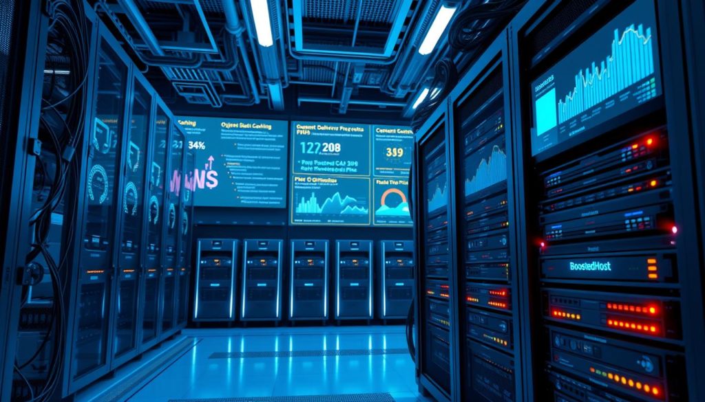 A realistic, high-resolution 3D rendered image of a futuristic data center server room. In the foreground, a server rack labeled "BoostedHost" is prominently displayed, with intricate cabling and glowing status lights. The middle ground features sleek, modern server chassis and networked storage arrays. In the background, large display screens show real-time analytics and performance metrics related to object caching, content delivery networks, and PHP optimization. The room is bathed in a cool, blue-tinted lighting, creating a serene, high-tech atmosphere. The camera angle is slightly elevated, providing an immersive, almost architectural perspective.
