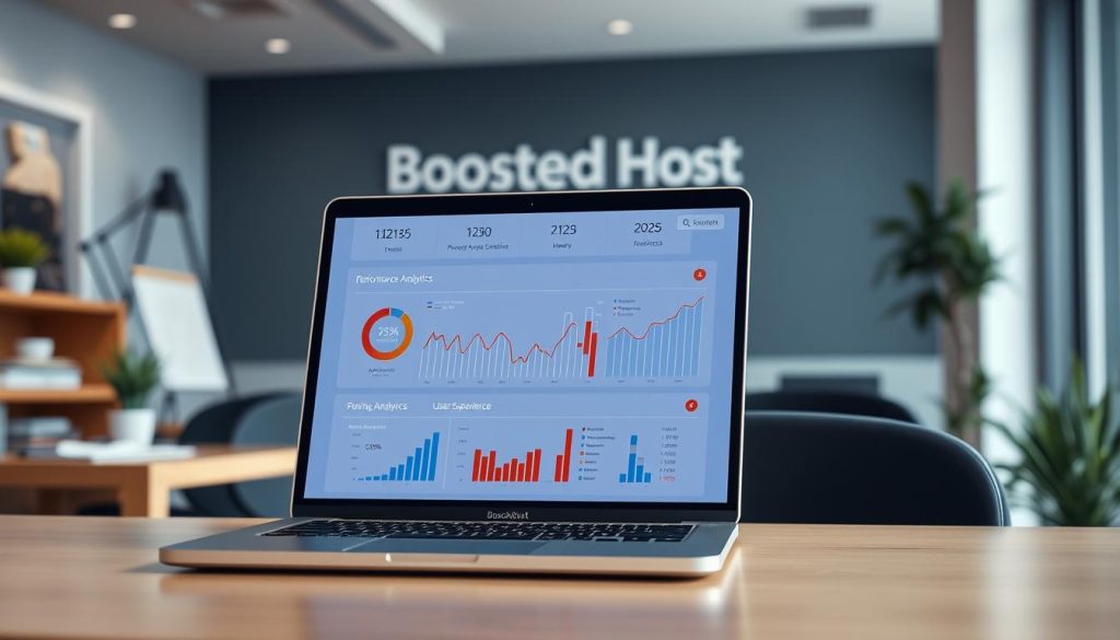A realistic, high-resolution image of a modern office workspace with a prominent laptop computer on a desk. The laptop screen displays a performance analytics dashboard with charts, graphs, and metrics related to website speed, uptime, and user experience. The background showcases the BoostedHost logo, conveying the idea of a content delivery network (CDN) powering the website's performance. Soft, natural lighting illuminates the scene, creating a professional and analytical atmosphere. The composition emphasizes the importance of measuring and optimizing website performance for a successful WordPress implementation in 2025.