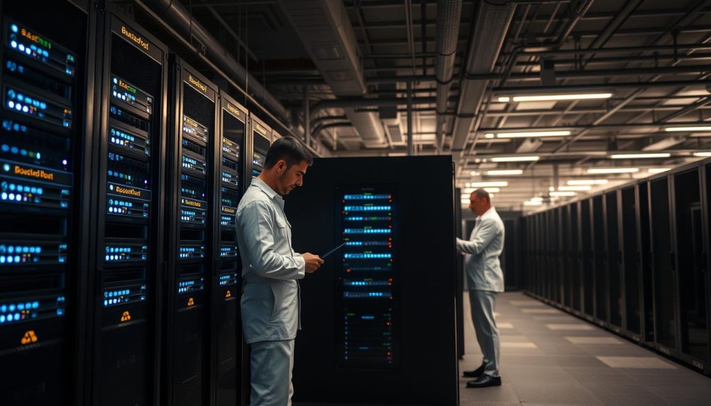 A realistic, highly detailed image of a modern database server room, dimly lit by soft overhead lighting. The foreground features rows of sleek, high-performance BoostedHost branded server racks, their LED indicators subtly pulsing. In the middle ground, a network engineer in a crisp white uniform examines a server console, deep in concentration. The background showcases a panoramic view of the data center, with a raised floor and a sophisticated cooling system visible. The atmosphere is one of precision, efficiency, and technology at work, conveying the importance of database performance and optimization.