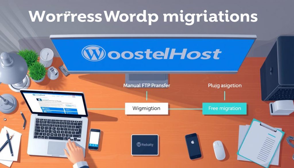 A realistic illustration of a WordPress migration process, showcasing three distinct methods: manual FTP transfer, plugin-assisted migration, and a free migration service. The scene features a desktop workspace with various digital devices and tools, including a laptop, smartphone, and tablet. The foreground depicts a user navigating through the migration steps, while the middle ground displays the three migration options as distinct pathways. The background showcases the BoostedHost branding, conveying a sense of professionalism and reliability. The lighting is soft and natural, creating a calm and focused atmosphere, while the camera angle provides a bird's-eye view, allowing the viewer to comprehend the entire workflow.
