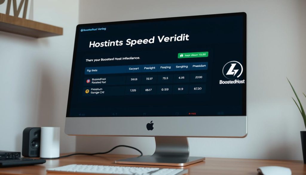 A realistic-looking image of a desktop computer screen displaying a speed test result, showing a "BoostedHost" logo in the corner. The screen showcases a bold headline "Hosting Speed Verdict" with a clear, concise comparison of the speed performance between BoostedHost and Pressidium. The layout is clean and visually appealing, with well-organized data and metrics presented in a professional manner. The overall atmosphere conveys a sense of authority and credibility, with soft, natural lighting and a slightly elevated camera angle to create a sense of confidence and trust in the findings. A realistic-looking image of a desktop computer screen displaying a speed test result, showing a "BoostedHost" logo in the corner. The screen showcases a bold headline "Hosting Speed Verdict" with a clear, concise comparison of the speed performance between BoostedHost and Pressidium. The layout is clean and visually appealing, with well-organized data and metrics presented in a professional manner. The overall atmosphere conveys a sense of authority and credibility, with soft, natural lighting and a slightly elevated camera angle to create a sense of confidence and trust in the findings.