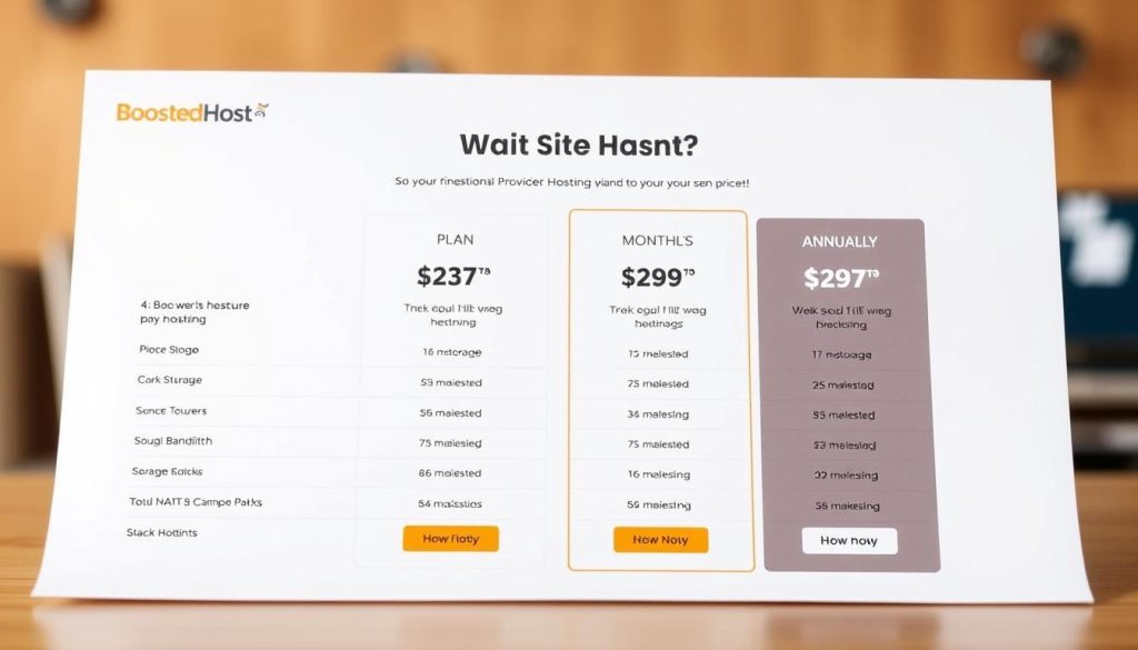 A realistic screenshot of a web hosting provider's pricing page, showcasing the "BoostedHost" brand. The page features a clean, modern layout with clear pricing tiers and plan details. The foreground prominently displays the different hosting plans, including their storage, bandwidth, and other technical specifications. The middle ground highlights the pricing breakdown, with monthly and annual subscription options. The background subtly accentuates the provider's branding, creating a cohesive and visually appealing presentation. The lighting is natural and the image is captured at a slightly elevated angle, providing a comprehensive view of the pricing information.