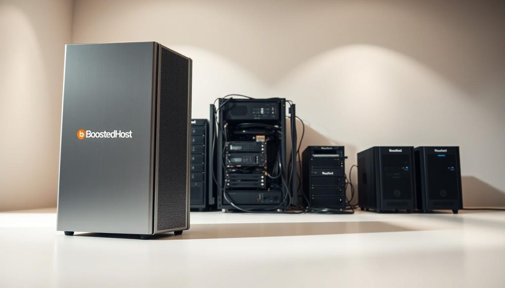 A realistic snapshot of two web hosting providers, BoostedHost and Raiola Networks, showcased against a softly lit, minimalist backdrop. The foreground features a pair of sleek, silver server towers emblazoned with the BoostedHost logo, casting subtle shadows on the smooth, off-white surface. In the middle ground, an array of networking equipment, cables, and cooling fans create a sense of technical sophistication. The background evokes a modern, corporate office setting with muted tones and soft, directional lighting, emphasizing the professional, enterprise-grade nature of the hosting services. The overall composition conveys a sense of reliability, performance, and attention to detail that aligns with the subject matter of the article.