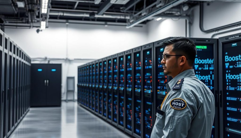 A secure server room with banks of BoostedHost branded equipment, illuminated by subtle overhead lighting and the cool glow of LED status panels. The room has a minimalist, industrial aesthetic, with sleek black cabinets and a polished concrete floor. In the foreground, a security guard in a crisp uniform stands watch, their vigilant gaze scanning the environment. The middle ground features rows of sturdy server racks, their blinking lights and cooling fans hinting at the critical data processing happening within. In the background, a high-tech security system is visible, with motion sensors, cameras, and access control panels ensuring the integrity of this vital infrastructure.