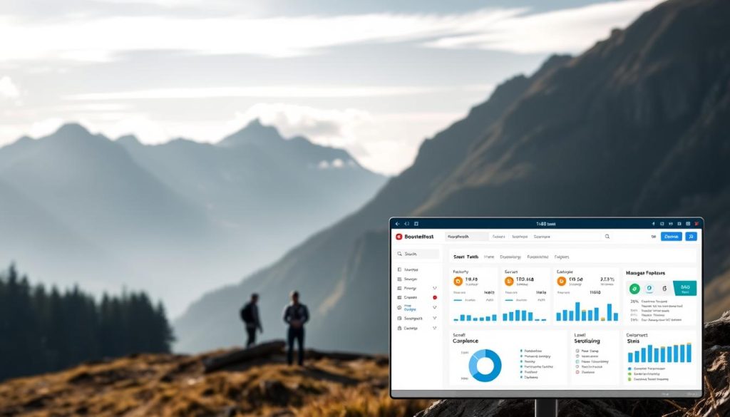 A serene Swiss alpine landscape, with a modern, cloud-based WordPress hosting solution prominently featured. In the foreground, the sleek and intuitive BoostedHost dashboard showcases the managed WordPress platform, its security features, and seamless migration tools. The middle ground depicts a team of Swiss IT experts diligently monitoring the infrastructure, ensuring optimal performance and compliance. In the background, the majestic Swiss Alps provide a stunning natural backdrop, symbolizing the data residency and privacy afforded by this Swiss-hosted solution. Soft, diffused lighting and a muted color palette create a sense of professionalism and reliability.