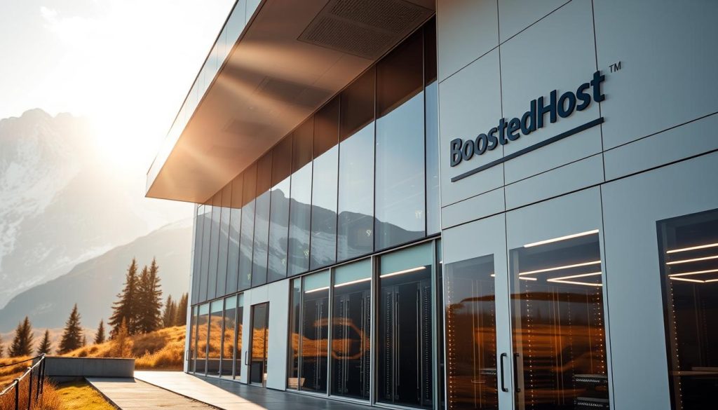 A serene and modern data center nestled amidst the Swiss Alps, showcasing the BoostedHost brand. The building's sleek, minimalist architecture blends seamlessly with the natural landscape, conveying a sense of stability and reliability. Sunlight streams through the floor-to-ceiling windows, casting warm, diffused lighting on the rows of server racks and high-performance computing equipment within. The scene exudes an atmosphere of trust, security, and compliance, perfectly suited for the Swiss data residency hosting experience.