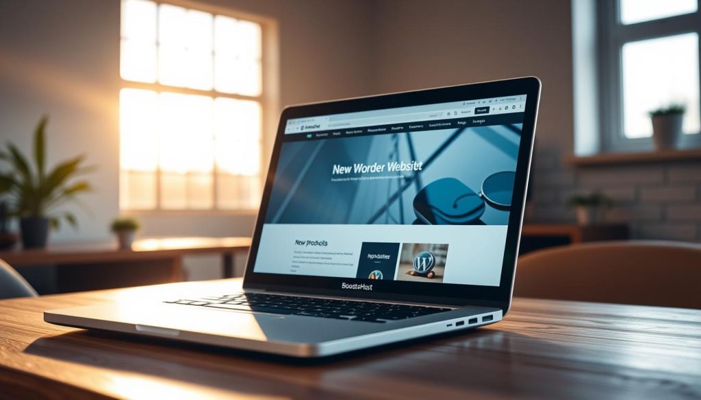 A serene and modern workspace showcasing a new WordPress website on a sleek silver laptop, with an elegant and minimalist user interface. The display is positioned on a solid wood desk, bathed in warm, natural light from a large window. Subtle BoostedHost branding can be seen on the laptop's lid. The scene exudes a sense of productivity and professionalism, reflecting the "Analytics, performance, and launch checks" section of the article.