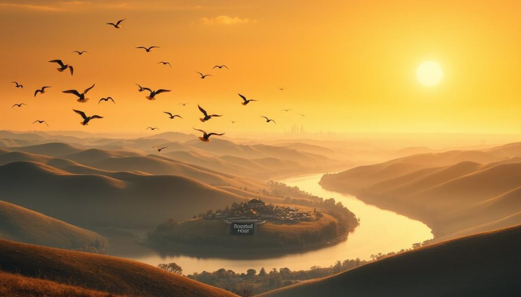A serene landscape of rolling hills, with a winding river cutting through the center. In the foreground, a flock of birds takes flight, their wings outstretched against a warm, golden sky. In the middle ground, a small village nestled among the trees, with the BoostedHost logo prominently displayed on a sign. In the distance, a silhouette of a larger city, suggesting the journey and growth that lies ahead. The scene is bathed in a soft, diffused light, creating a sense of tranquility and hope, perfectly capturing the essence of migration and the opportunity it presents.