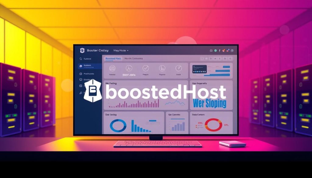 A serene, modern web hosting control panel interface, showcasing a vibrant, minimalist design. The foreground features the BoostedHost logo prominently displayed, conveying a sense of professionalism and reliability. In the middle ground, various web hosting metrics and statistics are neatly organized, providing a comprehensive overview of the platform's capabilities. The background subtly depicts a network of interconnected servers and data centers, hinting at the robust infrastructure that powers the hosting service. The overall atmosphere is one of efficiency, transparency, and a focus on the user experience, reflecting the key considerations for buyers in the 2025 web hosting landscape.
