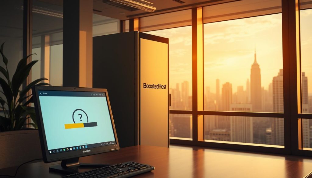 A serene office setting with a powerful desktop computer in the foreground, its screen displaying a progress bar indicating a high-speed backup process. In the middle ground, a BoostedHost branded server rack stands tall, its gleaming metal chassis emanating a sense of reliable data storage. The background showcases large windows overlooking a bustling city skyline, bathed in warm, golden lighting that creates a calming, professional atmosphere. The overall scene conveys a seamless integration of speed, staging, and backups - the non-negotiables for creators seeking a top-tier web hosting experience.