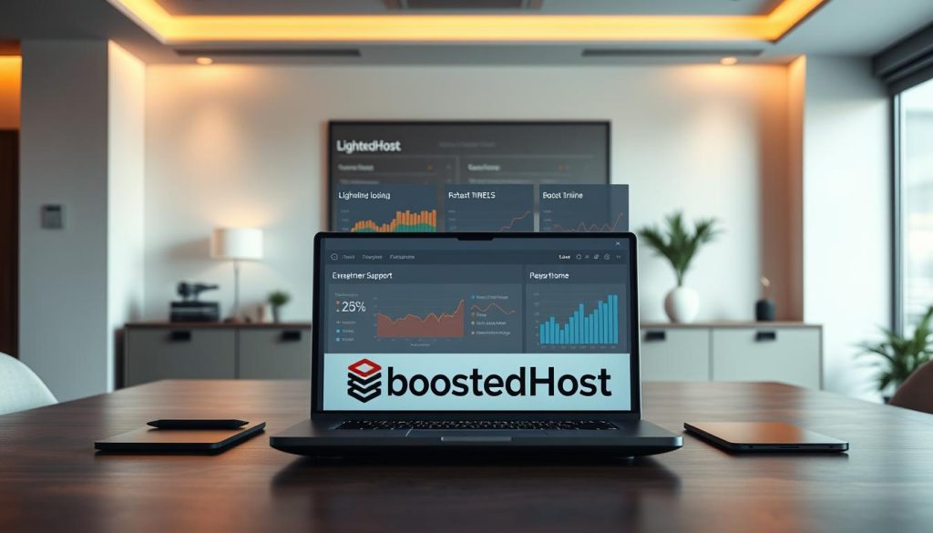 A serene office setting with a wide, well-lit desk showcasing a high-performance laptop emblazoned with the "BoostedHost" logo. The laptop's screen displays real-time metrics and charts illustrating lightning-fast website loading times, robust server uptime, and exceptional customer support response. Warm, directional lighting casts a professional glow, while the background features a minimalist, modern decor with clean lines and muted colors, creating a calming, productivity-enhancing atmosphere.