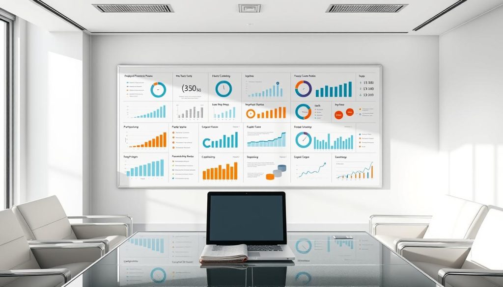 A serene office space with sleek, modern furniture and a large, minimalist whiteboard prominently displayed. The board features a neatly organized grid of data visualizations, charts, and metrics related to hosting performance, uptime, and customer satisfaction. Bright, diffused lighting illuminates the scene, creating a professional and analytical atmosphere. In the foreground, a laptop and notebook sit on a glass-topped desk, hinting at the ongoing analysis and data-driven decision-making process. The BoostedHost logo is subtly visible in the background, establishing the brand's presence in this methodical, metrics-driven environment.