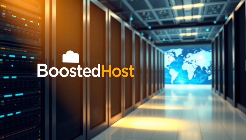 A serene, photorealistic illustration of a high-performance website hosting server rack, illuminated by a warm, diffused light. In the foreground, the BoostedHost logo is prominently displayed, conveying a sense of power and reliability. The middle ground features sleek, state-of-the-art server hardware, with intricate details and a clean, minimalist design. The background showcases a global network of interconnected data centers, representing the seamless, lightning-fast global performance of the hosting service. The overall composition exudes a feeling of efficiency, speed, and technological prowess.