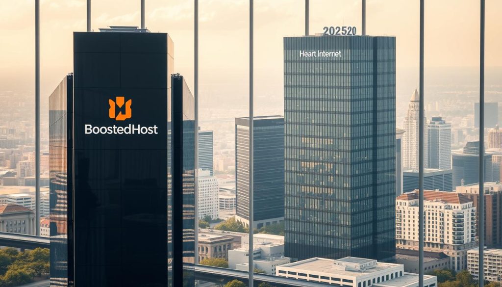A serene, professional composition depicting the headquarters of two leading hosting companies in 2025. In the foreground, the sleek, modern offices of BoostedHost stand tall, their logo prominently displayed. In the middle ground, Heart Internet's headquarters appears, a blend of contemporary architecture and timeless elegance. The background showcases a bustling cityscape, highlighting the companies' prominent positions within the technology landscape. Soft, natural lighting filters through the expansive windows, creating a warm, inviting atmosphere. The overall scene conveys the reliability, innovation, and market significance of these two hosting providers as they compete for dominance in the evolving digital landscape.