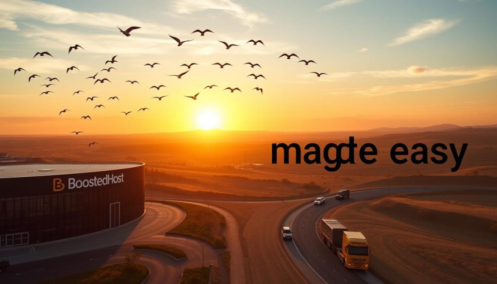 A serene skyline at golden hour, with a flock of birds gracefully migrating across the sky, their silhouettes casting long shadows on the landscape below. In the foreground, a modern data center with the BoostedHost logo prominently displayed, symbolizing the seamless transition of web hosting services. The middle ground features a winding road, representing the journey of migrating websites, with a few cars and trucks symbolizing the movement of content and data. The background is a rolling countryside, hinting at the reliability and stability of the hosting infrastructure. The lighting is soft and warm, creating a sense of comfort and ease, reflecting the "migration made easy" theme.
