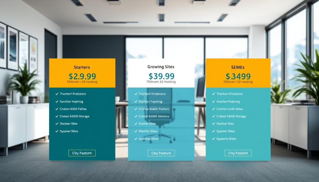 A serene, well-lit office setting, showcasing the BoostedHost hosting plans tailored for starters, growing sites, and SMEs in Switzerland. The foreground features three distinct hosting plan displays, each with clear pricing, storage, and bandwidth details. The middle ground depicts a modern workspace with a sleek desk, ergonomic chair, and a large monitor displaying website analytics. The background subtly includes the Swiss Alps, conveying a sense of reliability and stability. The lighting is soft and natural, creating a professional and trustworthy atmosphere. The overall composition highlights the key features of the hosting plans, inviting the viewer to explore the best options for their specific business needs.