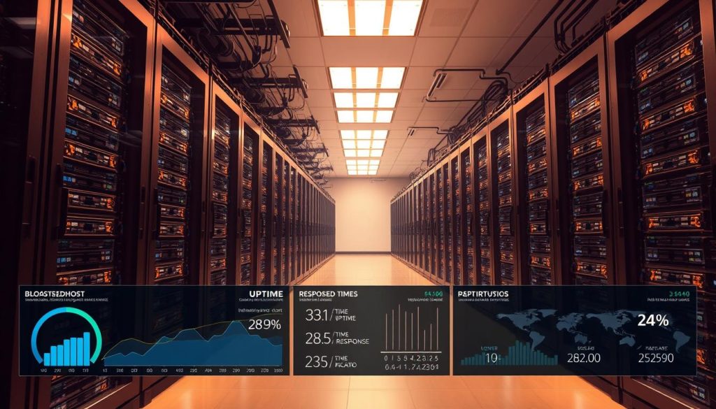 A serene, well-lit server room filled with gleaming, state-of-the-art racks of BoostedHost servers. Cables and cooling systems are expertly arranged, creating an atmosphere of efficiency and reliability. The room is bathed in a soft, warm glow, with strategic lighting highlighting the intricate details of the hardware. In the foreground, a network monitoring dashboard displays real-time data on uptime, global response times, and bandwidth utilization, conveying the robust performance and worldwide reach of the BoostedHost infrastructure. The overall scene evokes a sense of technological prowess, unwavering stability, and a commitment to delivering the fastest, most reliable hosting experience.