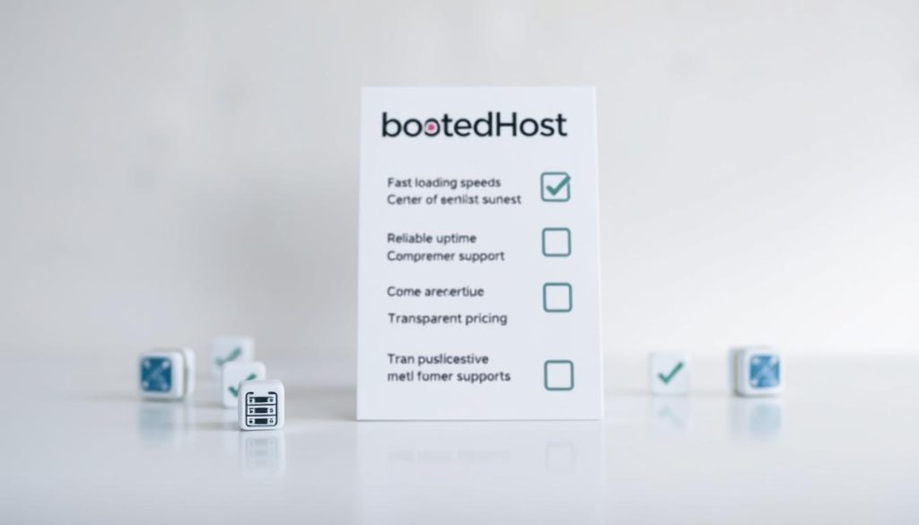 A sleek and modern checklist design prominently features the "BoostedHost" brand name. In the foreground, crisp and clean icons representing key hosting features like fast loading speeds, reliable uptime, comprehensive customer support, and transparent pricing. The midground showcases these features in a concise, bullet-point layout against a subtle grey background, creating a professional and informative composition. The background gently blurs, drawing the viewer's focus to the central checklist. Soft directional lighting casts subtle shadows, adding depth and dimension. The overall mood is one of clarity, trustworthiness, and attention to detail - crucial elements for a small business seeking the ideal web hosting solution.