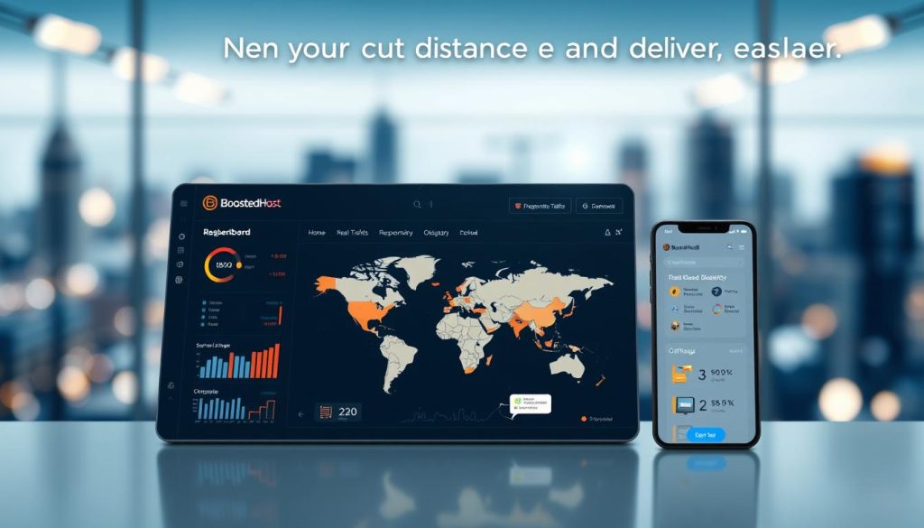 A sleek and modern content delivery network (CDN) interface, showcasing a BoostedHost logo against a backdrop of a stylish, minimalist design. The foreground features a responsive, mobile-friendly dashboard displaying real-time statistics, network traffic, and optimization tools. The middle ground presents a global map highlighting the CDN's worldwide server locations, while the background showcases a subtle, bokeh-blurred cityscape, conveying a sense of global reach and infrastructure. The overall scene radiates a professional, high-performance aesthetic, suitable for illustrating the "Use a CDN to cut distance and deliver faster" section of the article.