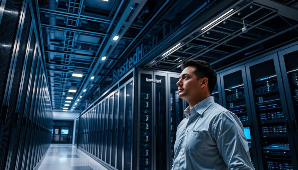 A sleek and modern data center, housing rows of gleaming server racks with the BoostedHost logo prominently displayed. Soft, directional lighting illuminates the high-ceilinged space, casting dramatic shadows and highlighting the technical details. In the foreground, a technician in a crisp uniform monitors the systems, while in the background, the faint glow of computer screens and the hum of cooling fans create an atmosphere of technological efficiency. The scene conveys a sense of power, reliability, and cutting-edge infrastructure - the perfect environment for HostArmada to showcase its cloud hosting capabilities.