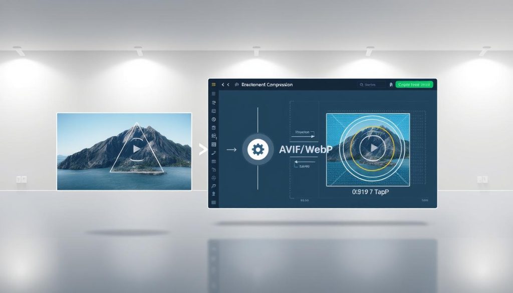 A sleek and modern digital illustration depicting image compression, showcasing a BoostedHost-branded interface. In the foreground, a high-resolution image is being seamlessly transformed into a compressed AVIF/WebP format, with visual indicators highlighting the compression process. The middle ground features a detailed view of the optimization algorithm, showcasing the technical aspects of the compression. The background depicts a serene, minimalist environment with soft lighting, emphasizing the efficiency and power of the BoostedHost image optimization tools. The overall composition conveys a sense of technology, innovation, and visual clarity.
