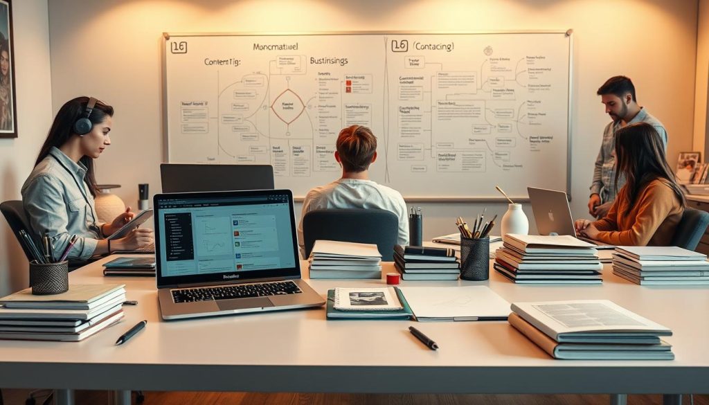 A sleek and modern editorial workspace, where a team of content creators, editors, and SEO experts collaborate seamlessly. In the foreground, a stylish desk with a BoostedHost laptop, high-quality monitor, and a well-organized array of writing implements. In the middle ground, carefully curated reference materials, including a stack of publications and a tablet displaying analytics dashboards. The background features a large whiteboard adorned with mind maps, keyword clusters, and content calendars, illuminated by warm, diffused lighting that creates a focused, productive atmosphere. The overall scene conveys a sense of efficiency, attention to detail, and a harmonious integration of creative and technical processes.