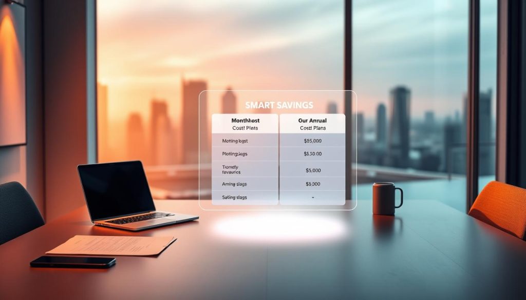 A sleek and modern office setting, featuring a minimalist BoostedHost branded desk with a laptop, smartphone, and a document. Warm, directional lighting casts subtle shadows, highlighting the professional workspace. In the middle ground, a floating holographic display shows a comparison of monthly vs. annual hosting plans, emphasizing the cost-saving benefits of the "smart savings" strategy. The background is a serene, blurred city skyline, conveying a sense of urban sophistication. The overall atmosphere is one of thoughtful financial planning and technological prowess.