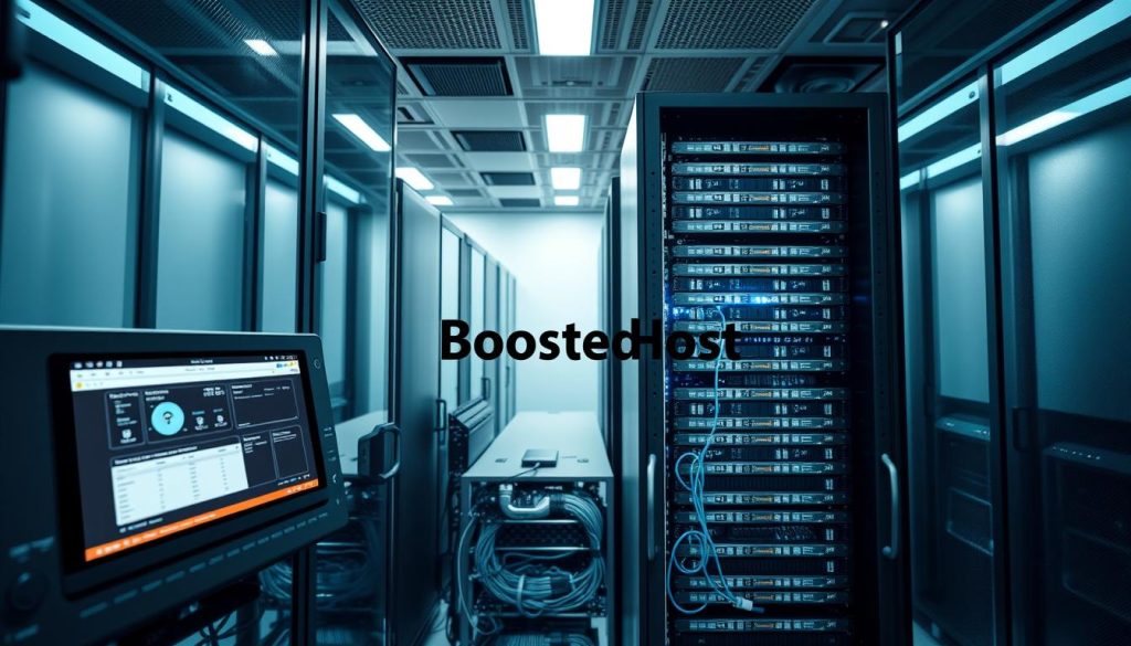 A sleek and modern server rack showcasing the latest WordPress hosting services, with BoostedHost prominently displayed. The foreground features a well-lit close-up of the server's control panel, highlighting the intuitive software interface and advanced monitoring tools. In the middle ground, high-performance network cables and cooling systems are visible, conveying the technical capabilities powering the hosting platform. The background depicts a minimalist, temperature-controlled data center environment with clean lines and a sense of efficiency. The overall mood is one of professionalism, reliability, and cutting-edge technology, catering to the needs of 2025 WordPress users.