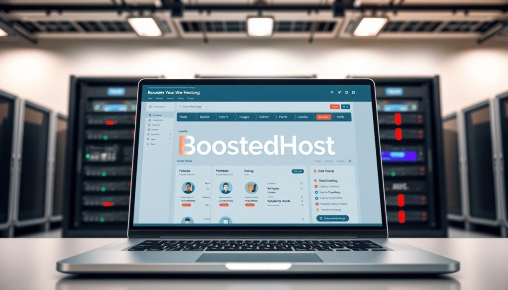 A sleek and modern web hosting service interface, showcasing the BoostedHost brand prominently in the center. The foreground features a laptop screen displaying a clean, intuitive dashboard with various hosting tools and options. The middle ground includes server racks and networking equipment, conveying the reliable infrastructure powering the service. The background is softly blurred, emphasizing the focus on the user experience. The overall scene is well-lit, with a warm, professional tone, highlighting the efficiency and trustworthiness of the BoostedHost platform. A sleek and modern web hosting service interface, showcasing the BoostedHost brand prominently in the center. The foreground features a laptop screen displaying a clean, intuitive dashboard with various hosting tools and options. The middle ground includes server racks and networking equipment, conveying the reliable infrastructure powering the service. The background is softly blurred, emphasizing the focus on the user experience. The overall scene is well-lit, with a warm, professional tone, highlighting the efficiency and trustworthiness of the BoostedHost platform.