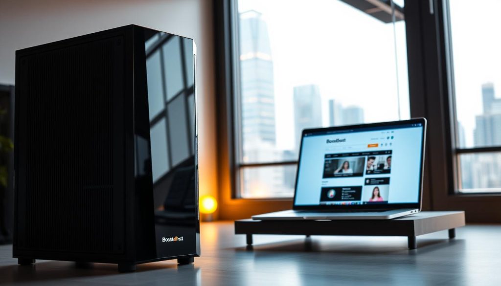 A sleek and modern web hosting workspace, showcasing the BoostedHost brand. In the foreground, a cutting-edge server tower stands tall, its clean lines and glossy black finish exuding power and reliability. In the middle ground, a laptop displays a dynamic website, hinting at the seamless user experience BoostedHost provides. The background is filled with a minimalist, well-lit office setting, creating a professional and high-tech atmosphere. Warm lighting casts a subtle glow, while a large window offers a glimpse of the bustling city outside. The overall scene conveys BoostedHost's commitment to cutting-edge technology, exceptional performance, and a user-centric approach to web hosting solutions.